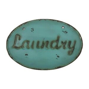 2 Sided Laundry Room 10x6.75" Sign Teal Metal Shabby Chic Cottage Boho Vintage